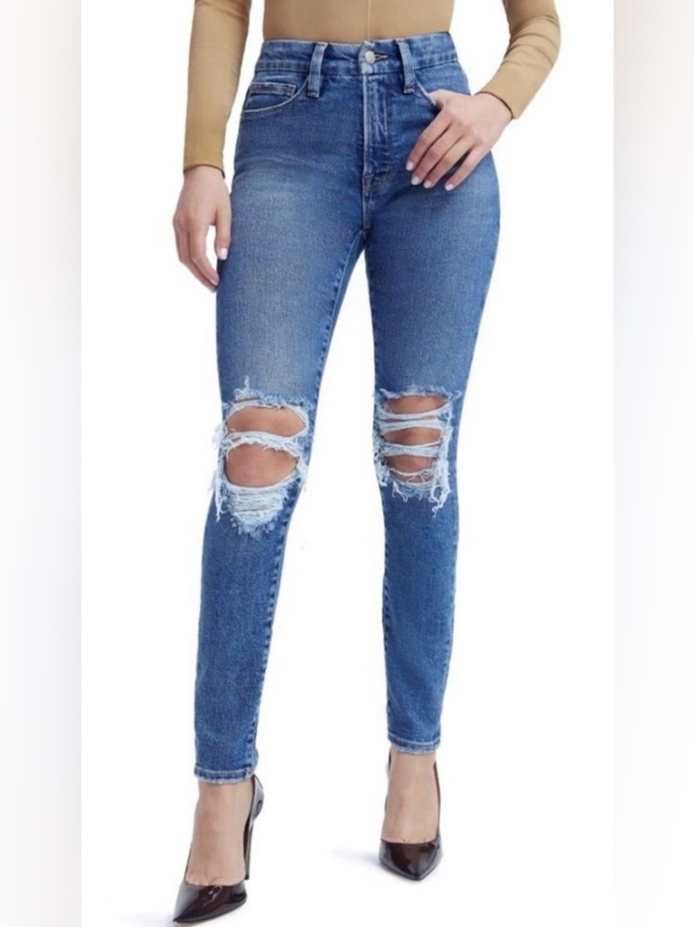 Good American Good Waist NWT High Rise Distressed Skinny Jeans Blue Size 10